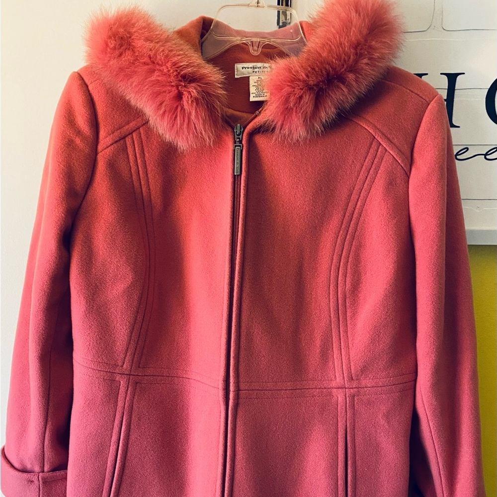 Preston & York Beautiful Hooded Wool Jacket Coat with Fox Trim.